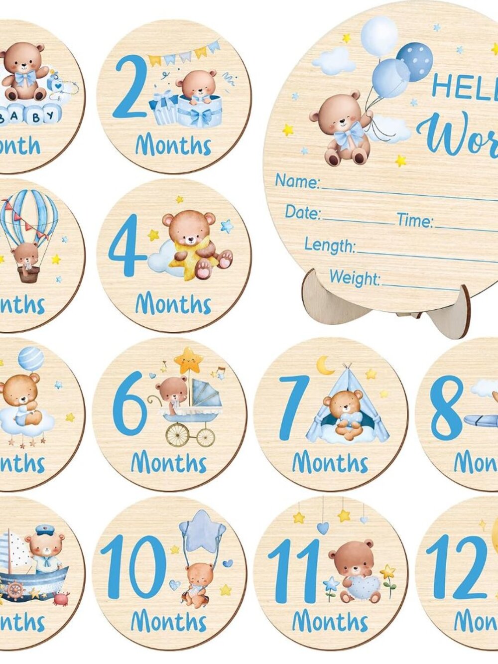 Wooden Baby Monthly Milestone Cards Double Sided Baby Birth Sign Bear